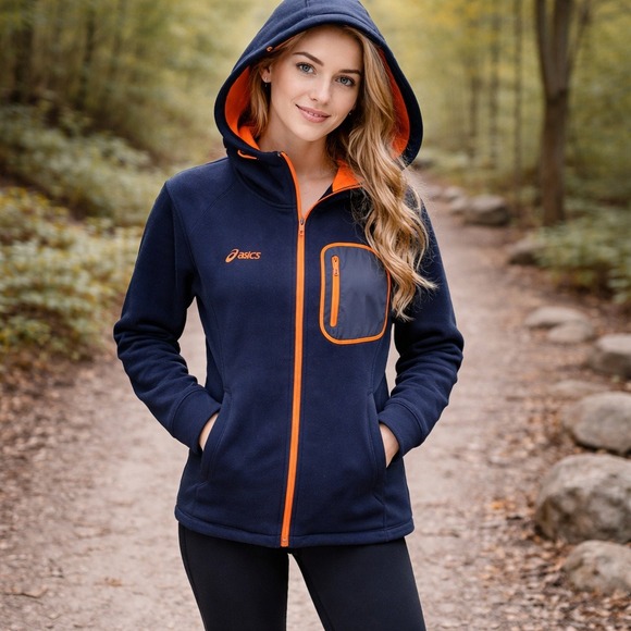 Asics Jackets & Blazers - Asics Navy Fleece Hooded Zip Up Jacket orange trim‎ size